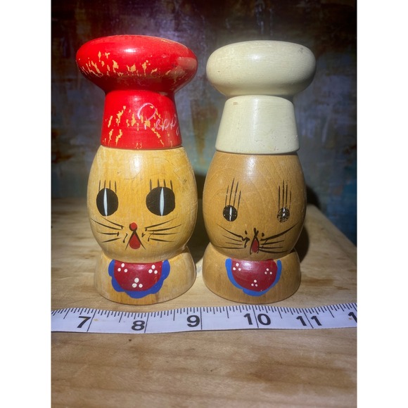Unbranded Other - Vintage Wooden Cat Chef Salt and Pepper Shakers Salty Peppy Japan Mid Century